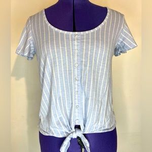 Adorable Blue/White Striped Short Sleeve Top With Front Tie Detail